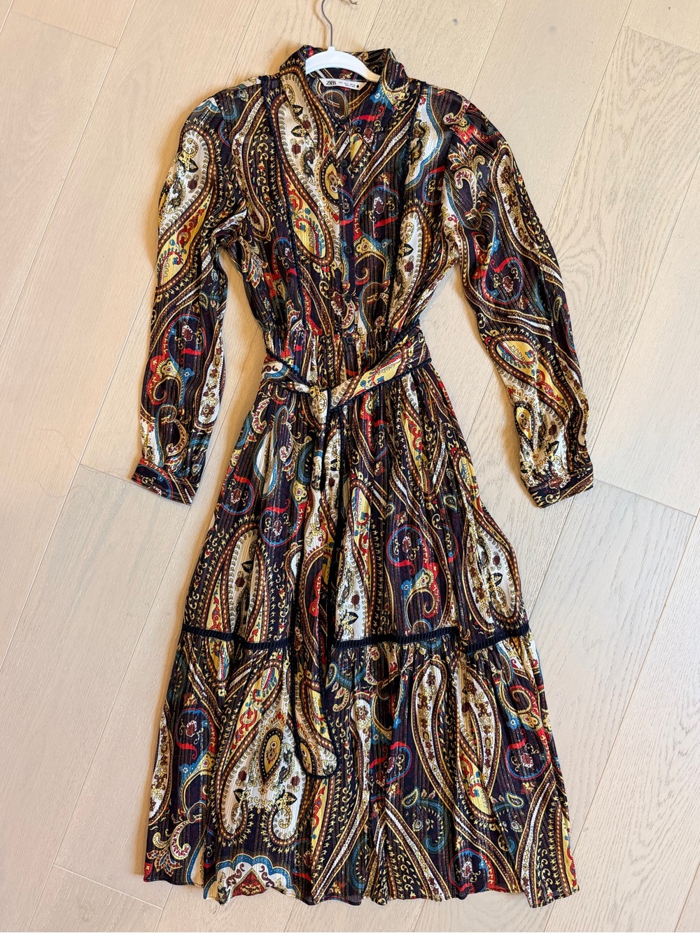 Zara Paisley Print Belted Shirt Dress Metallic Gold Size S